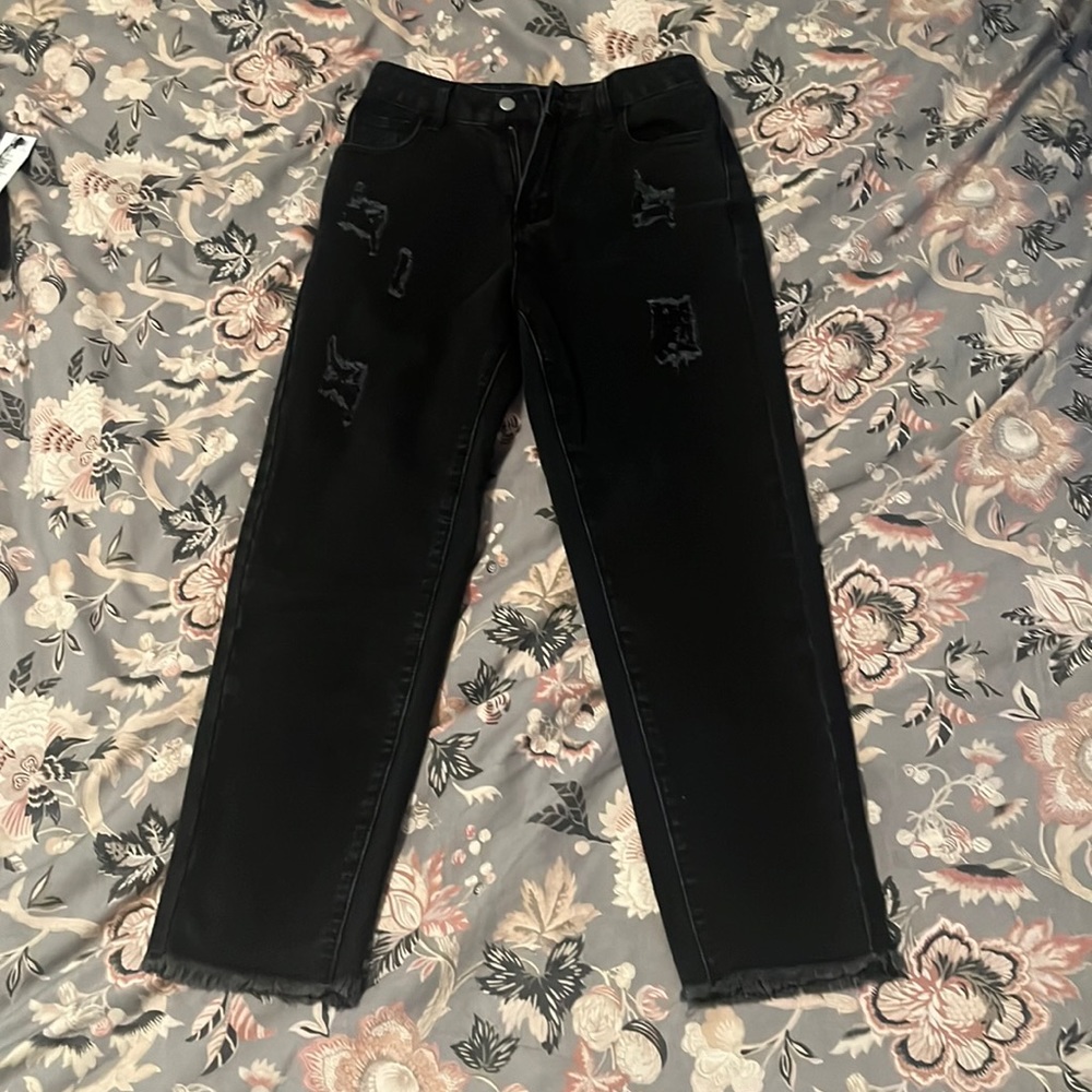 Washed black mom jeans with rip detailing